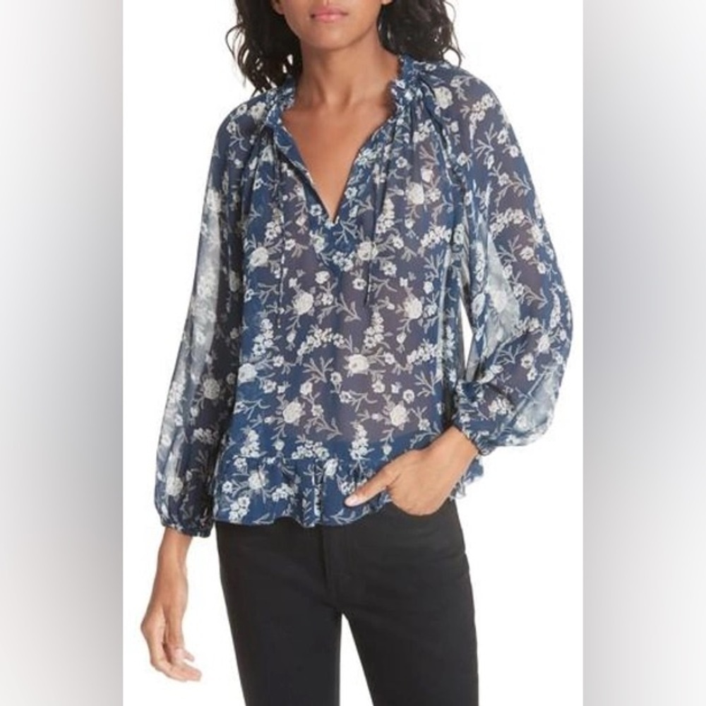 Ulla Johnson Rosine 100% Silk Sheer Blouse Top In Azure Blue size 0